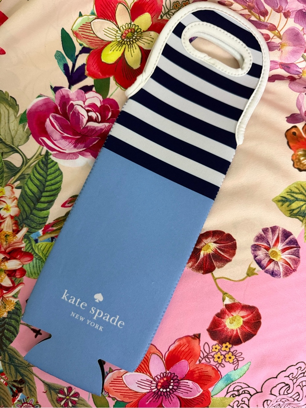 kate spade blue striped neoprene wine water bottle tote carrier